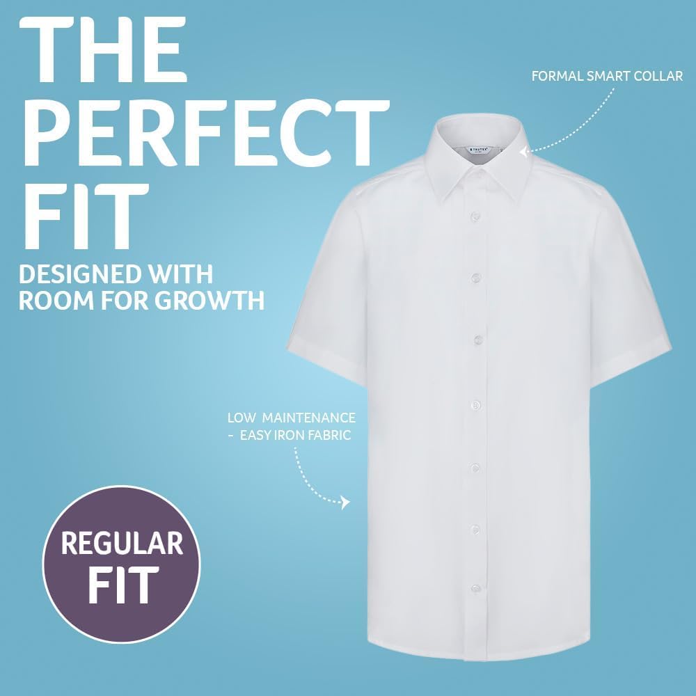 Boys 2 Pack White Short Sleeve School Shirts (3-16+ Years). Regular Fit, Easy Iron, Button down Shirts for Boys, Genuine School Uniform