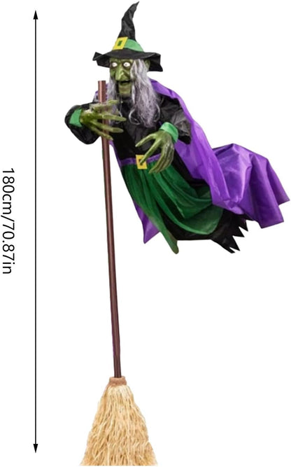 Halloween Animated Decorations Outdoor Scary Flying Hover Witch - 6Ft Flying Witch Decorations | Halloween Animated Props with Scary Sounds and Lights for Outdoor Garden Yard Halloween Decor