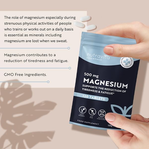 High Strength 500mg Magnesium Supplements - 120 Vegan Tablets - 4 Month Supply - Supports Muscle Function, Energy, Bone Health, and Nervous System - Convenient Letterbox Friendly Packaging - Made in the UK