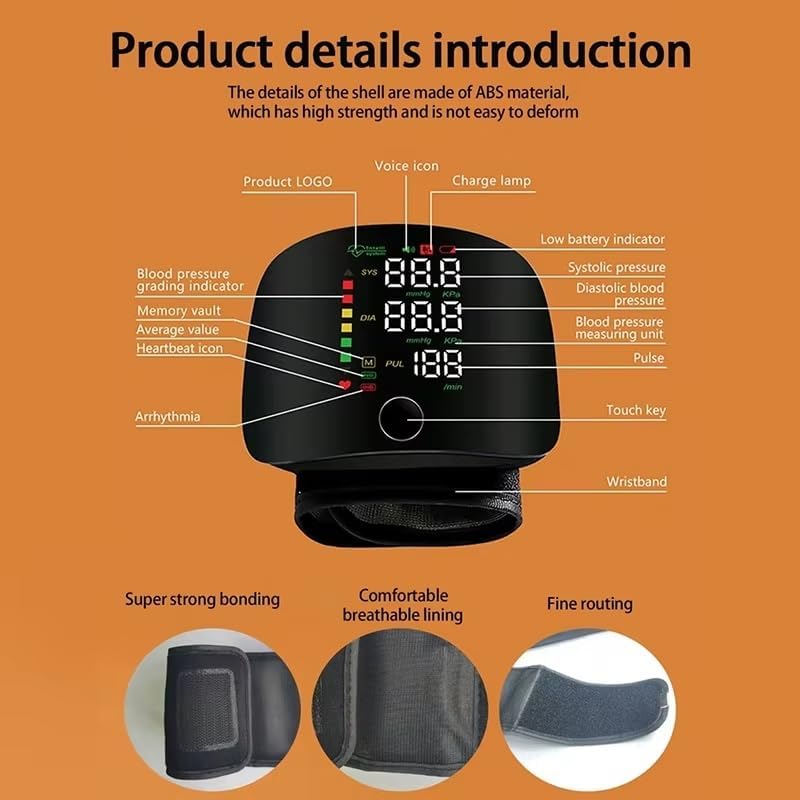 Automatic Wrist Blood Pressure Monitors with LCD Screen, Rechargeable Tonometer Wrist Cuff Digital Irregular Pulse Heart Rate Tensiometer, Automatically Broadcasts Values