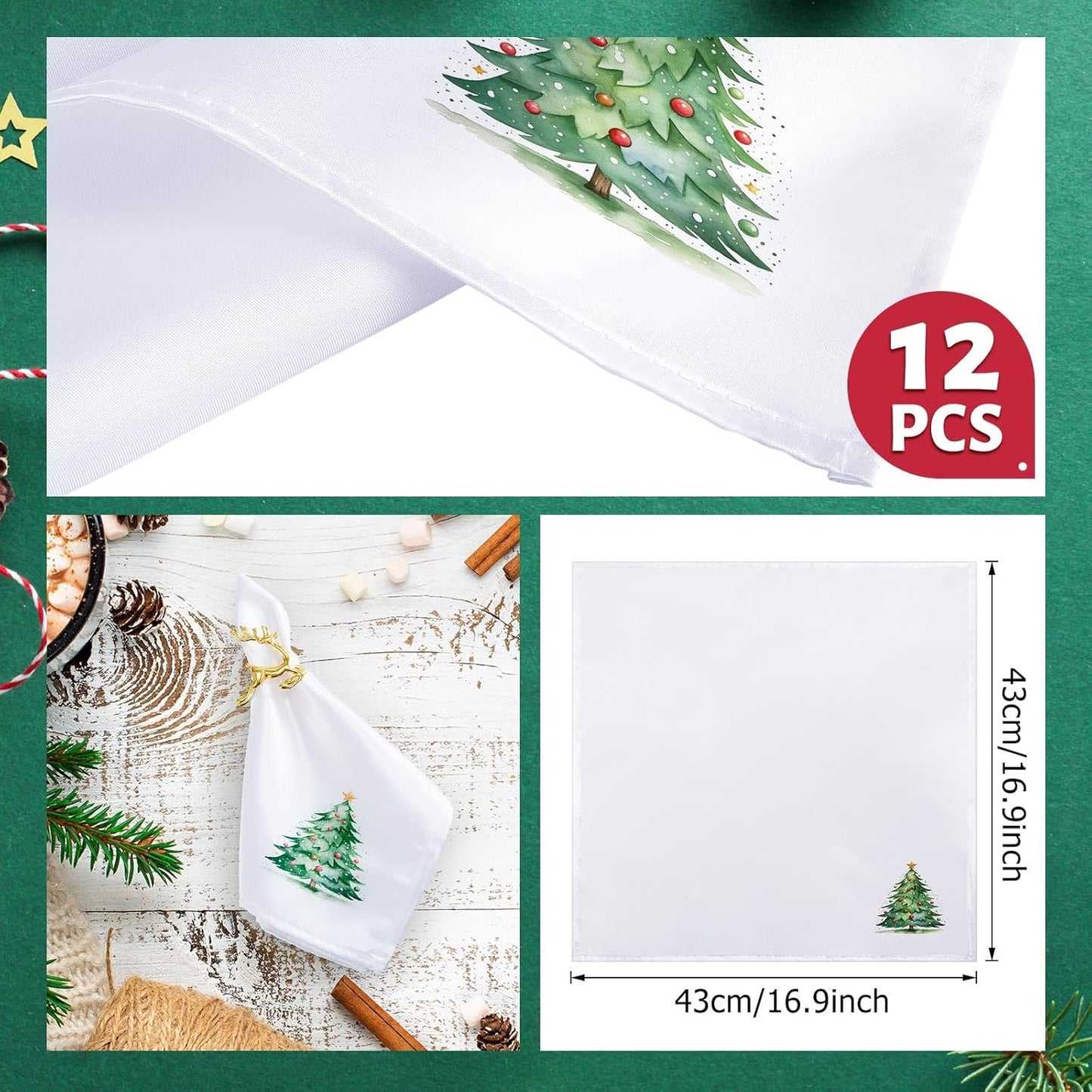 12 Pcs 43 X 43 Cm Christmas Napkins Soft Comfortable Cloth Napkin Reusable Satin Table Napkin for Home, Restaurants, Parties(Christmas Tree)