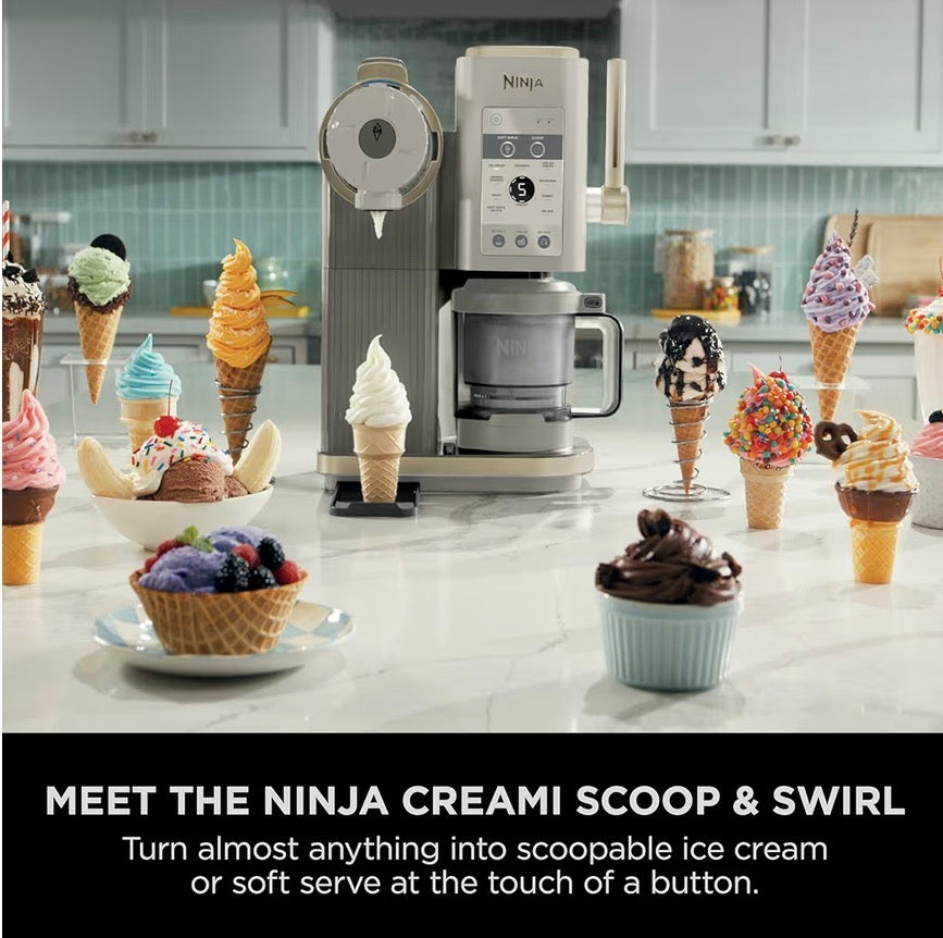 CREAMi Scoop and Swirl Ice Cream Machine with 2x Tubs, 13 Functions, Makes Ice Cream, Soft Serve, Gelato, Sorbet, Milkshakes and More, Mix-In Option, Stone Gold, NC701UKSTGD