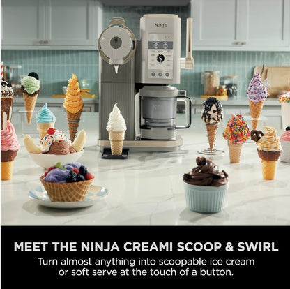 CREAMi Scoop and Swirl Ice Cream Machine with 2x Tubs, 13 Functions, Makes Ice Cream, Soft Serve, Gelato, Sorbet, Milkshakes and More, Mix-In Option, Stone Gold, NC701UKSTGD