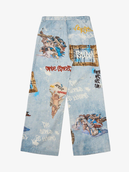 RETRO ARTISTIC GRAFFITI ANGELIC PRINTS BAGGY JEANS