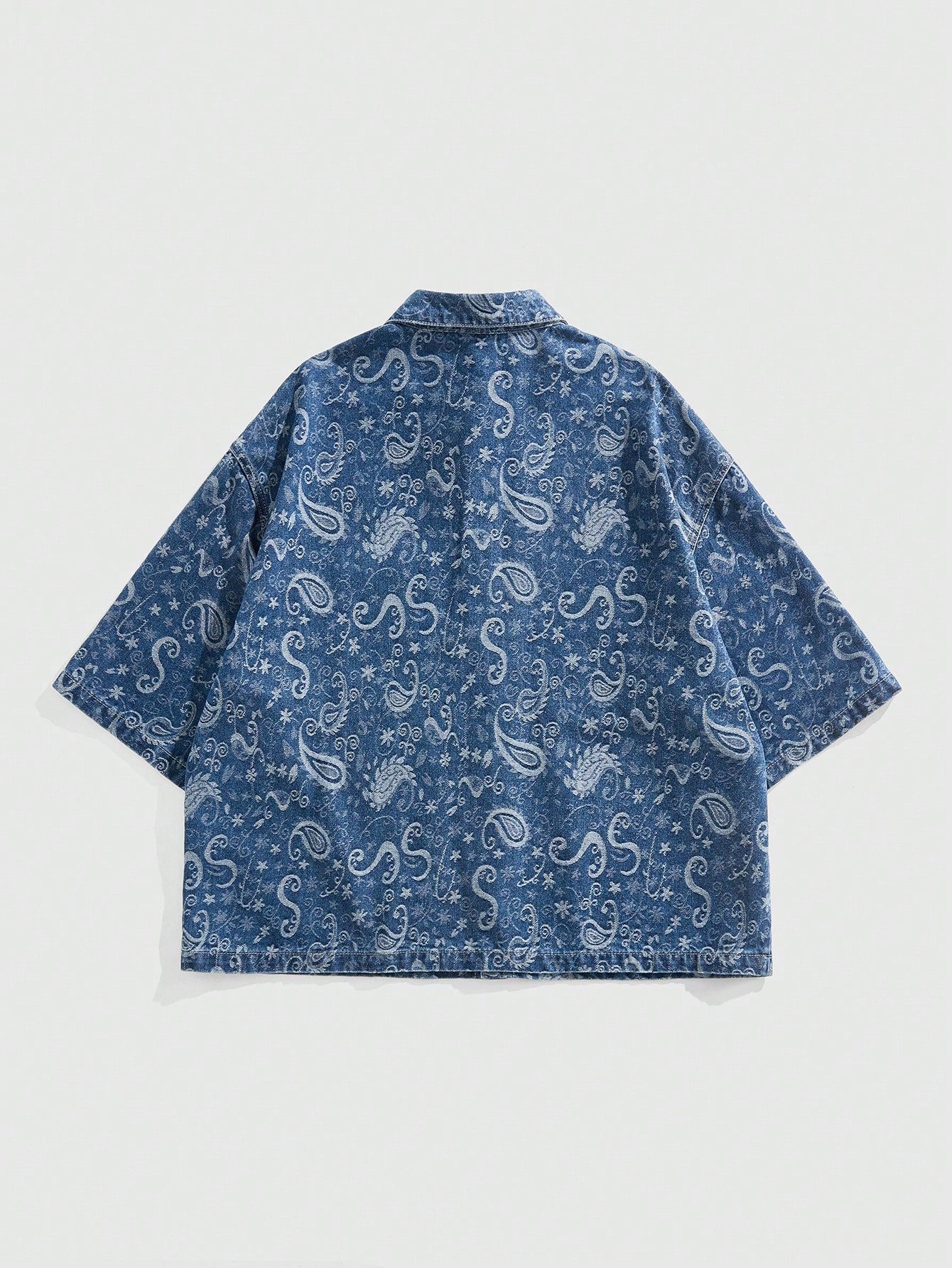 ROMWE MEN Grunge Punk Men'S Summer Vacation Paisley Print Patchwork Pocket Short Sleeve Denim Shirt