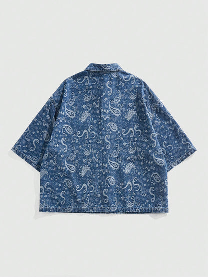 ROMWE MEN Grunge Punk Men'S Summer Vacation Paisley Print Patchwork Pocket Short Sleeve Denim Shirt