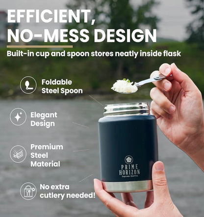 Prime Horizon Food Flask - 500ml Stainless Steel Vacuum Double Wall Jar with Folding Spoon, Leakproof and BPA Free. Free Insulated Travel Bag with Carabiner and Gift Box