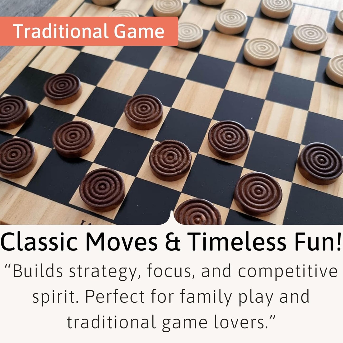 Draughts Board Game | Traditional 12" Wooden Board with Deluxe Checkers Pieces | for Adults and Kids | since 1795
