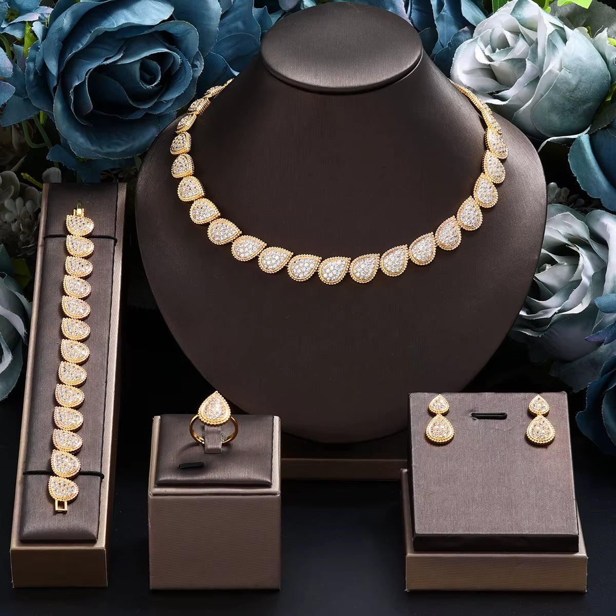 Fashion 4 PCS Party Accessories Earrings Necklace Bracelet Ring Cubic Zircon Wedding Bridal Jewelry Set for Women