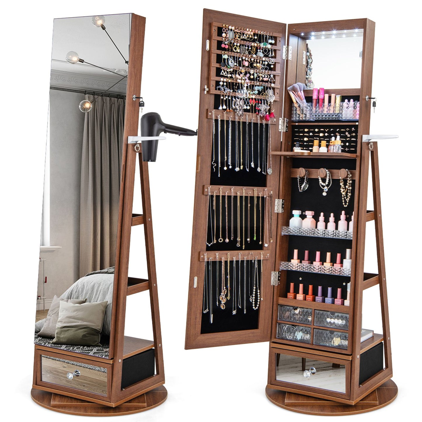 Lockable 360-Degree Rotating Jewelry Armoire with Full-Length Mirror