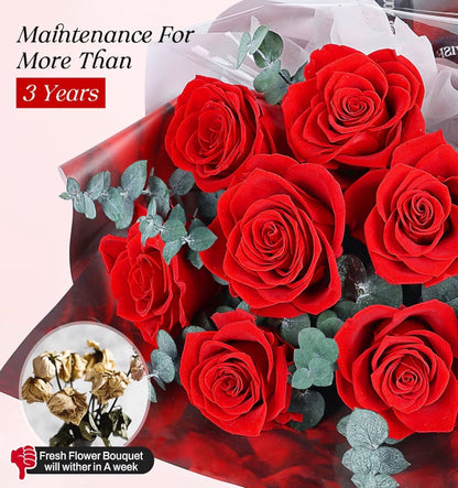 7 Roses Bouquet with Vase, Forever Bouquet Flowers, Eternal Preserved Real Rose, Gifts for Woman Wife Girlfriend, Gifts for her on Birthday, Anniversary, Valentine's Day, Mother's Day, Christmas（Red)