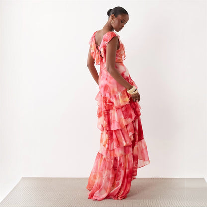 Wanderdoll Cara Plunge Neck Ruffle Tiered Maxi Dress Sunset Floral