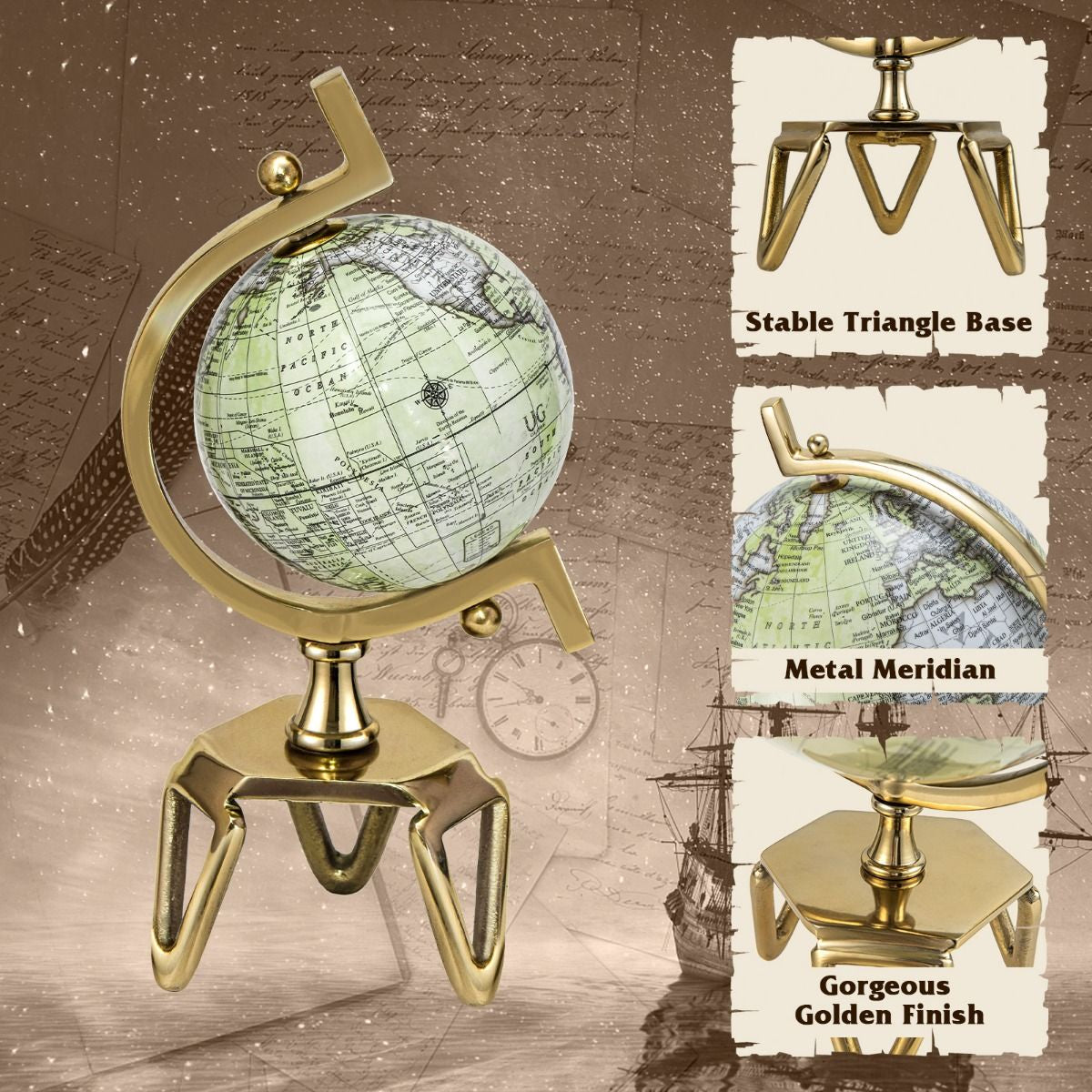 Elegant Interactive Educational Globe with Triangular Metal Stand and Realistic Meridian