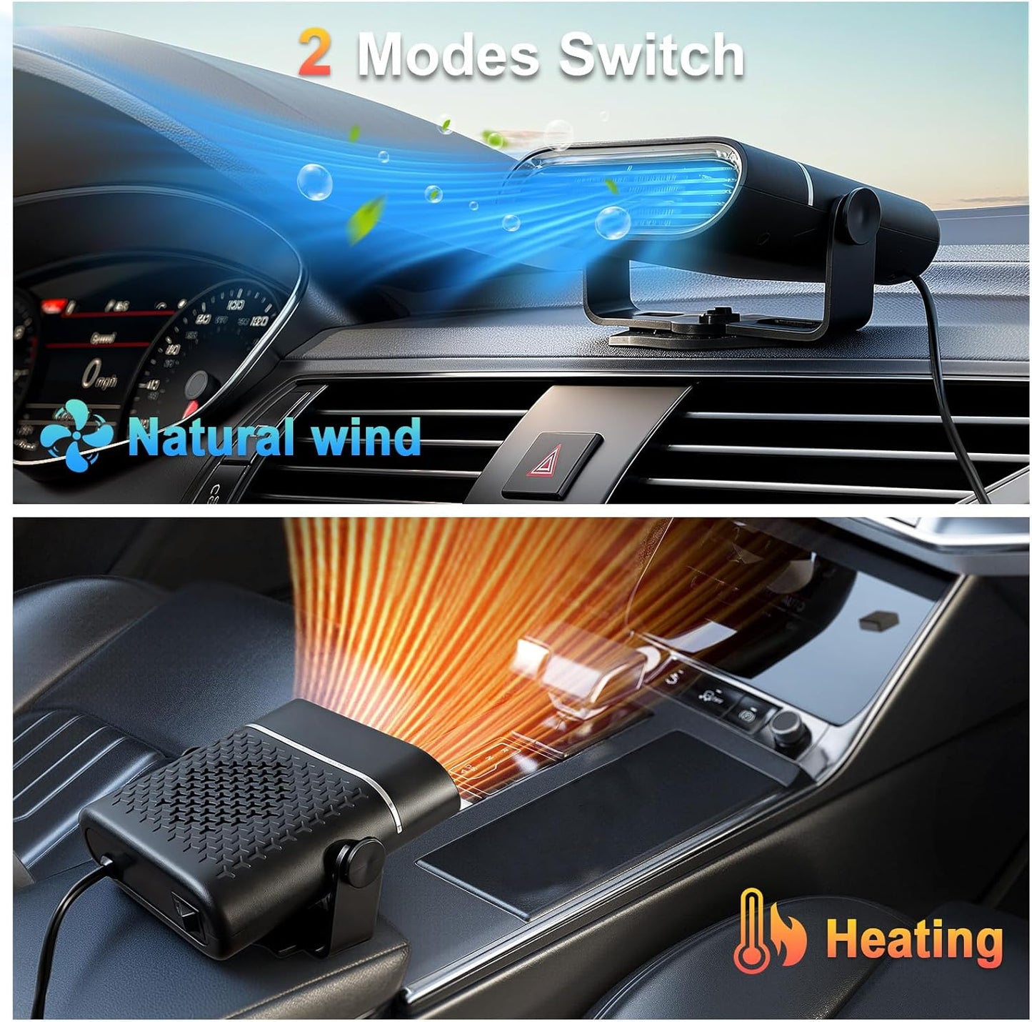 Car Heater 12V, 𝟏𝟓𝟎𝐖 Portable Car Heater, Plug into Cigarette Lighter, 2 Mode Heating Fan, Quick Defroster Demister Defogger for Winter Windshield, Cars, Suvs & Old Vehicles (Black)