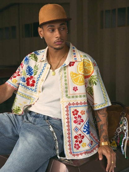 AXEPEAK Fashionable Street Style Floral Print Short Men'S Shirt, Streetwear Style