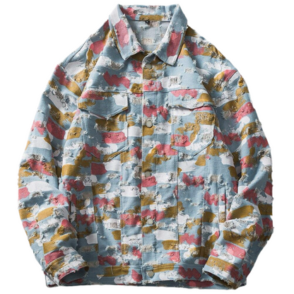 Watercolor Graffiti Hole Ripped Denim Jacket Men Fashion Hip Hop Style