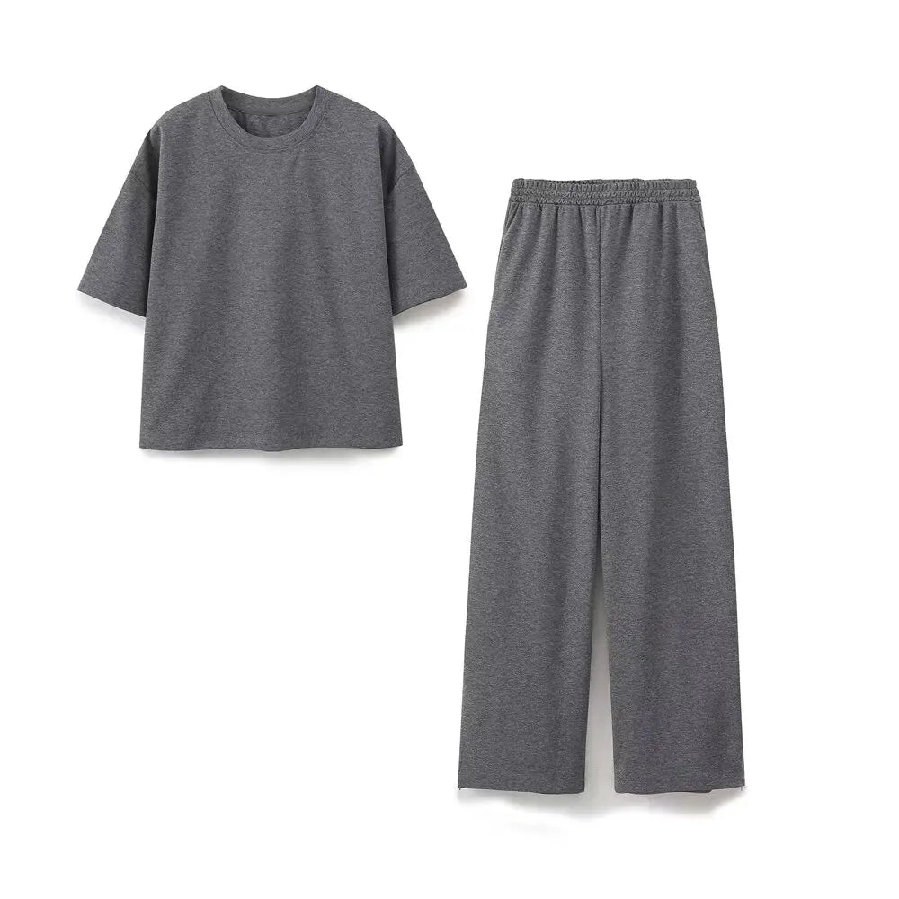 2024 Women'S Solid Casual T Shirts Pant Set Short Sleeves O-Neck T-Shirt Top+Lace-Up Loose Side Pockets Straight Pant