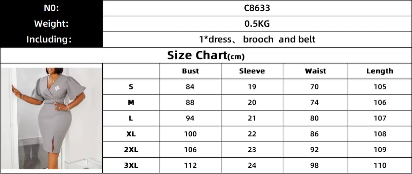 Guest Wedding Party Dress V Neck Short Lantern Sleeve Waist Belt Brooch Slit Solid Elegant Bodycon Sexy Feminine African Gowns
