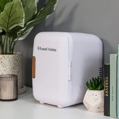 RH4CLR1001SCW 4L/6 Can Mini Portable Cooler & Warmer for Drinks, Cosmetics/Makeup/Skincare, AC/DC Power, Scandi Style, White & Wood Effect, for Bedroom, Home, Caravan, Car