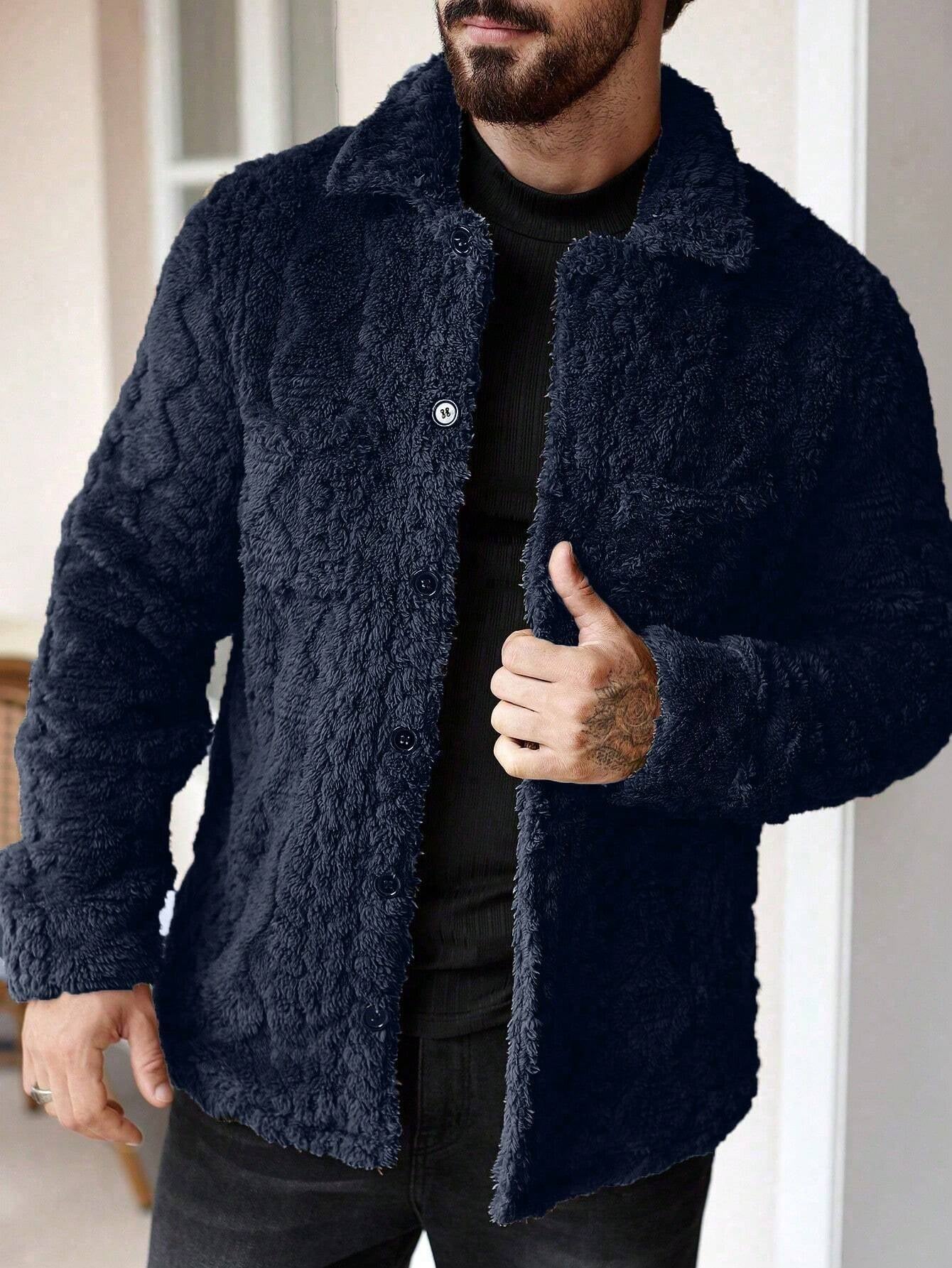 Manfinity Homme Men'S Casual Solid Color Fuzzy Jacket for Autumn/Winter ,Men Flannel,Winter Men Jacket, Going Out Warm Long Sleeve Jacket, for Friends, Husband, Boyfriend Gifts