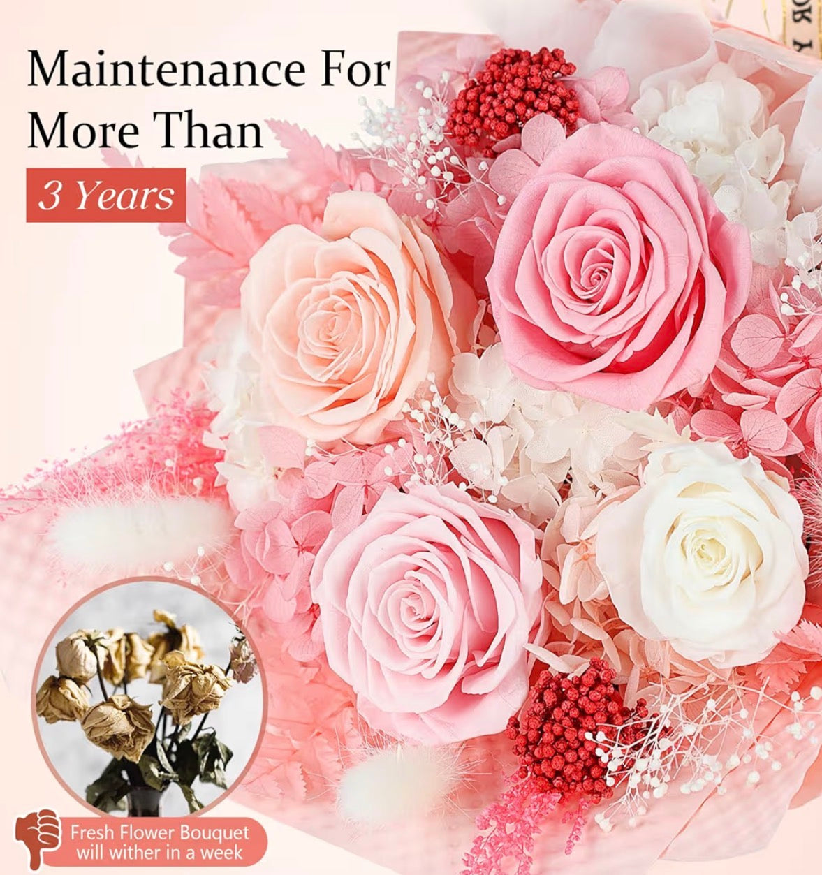 Roses Bouquet with Vase,Forever Bouquet Flowers, Eternal Preserved Real Rose, Gifts for Woman Wife Girlfriend,Gifts for Her on Birthday, Anniversary, Valentine's Day, Mother's Day, Christmas, Pink