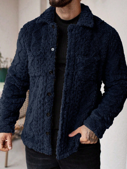 Manfinity Homme Men'S Casual Solid Color Fuzzy Jacket for Autumn/Winter ,Men Flannel,Winter Men Jacket, Going Out Warm Long Sleeve Jacket, for Friends, Husband, Boyfriend Gifts