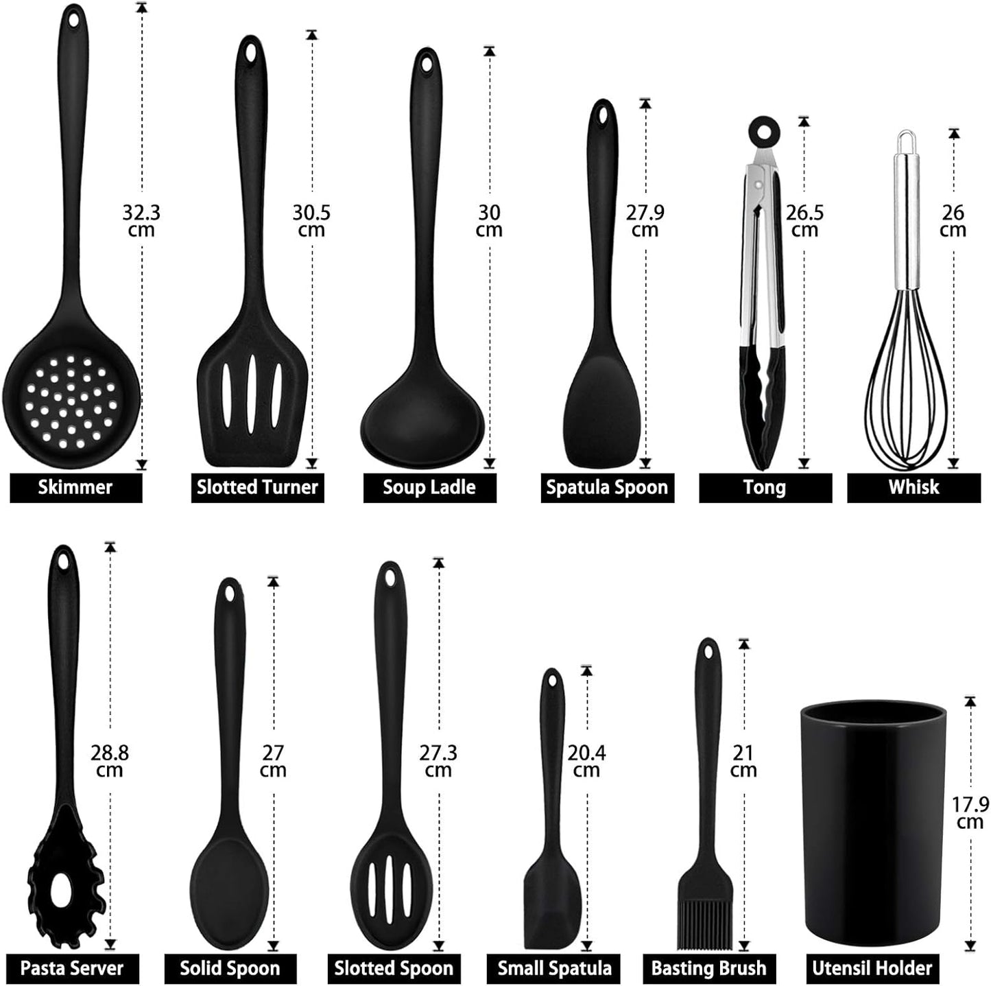 Kitchen Utensil Set,  12 Piece Cooking Utensils, Silicone Kitchen Utensils Set with Holder, Heat Resistant Kitchen Tools Include Spoons Turner Spatula Ladle Tong for Non-Stick Cookware, Black