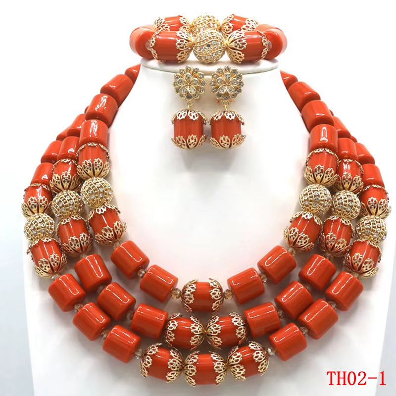 Exquisite African Coral Beads Wedding Jewelry Set for Nigerian Brides - Necklace, Bracelet, and Earrings Collection