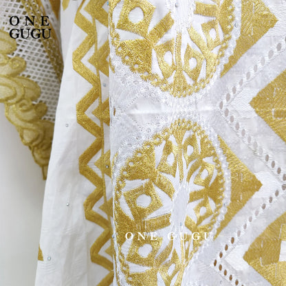 2025 Nigerian Original Bazin Dress Dashiki Gold Brocade Embroiderey Basin Clothing White Robe Wedding Party Lady Gown Dresses