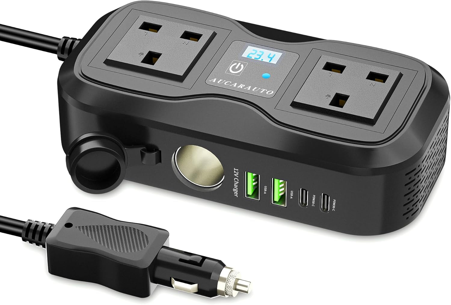 7 in 1 Multi Car Power Inverter 200W 12V to 240V Voltage Converter with LED Voltmeter, 4-Port PD/QC3.0 USB Charge, 3-Pin Sockets and Cigarette Lighter Splitter, USB C Car Charger for Laptop
