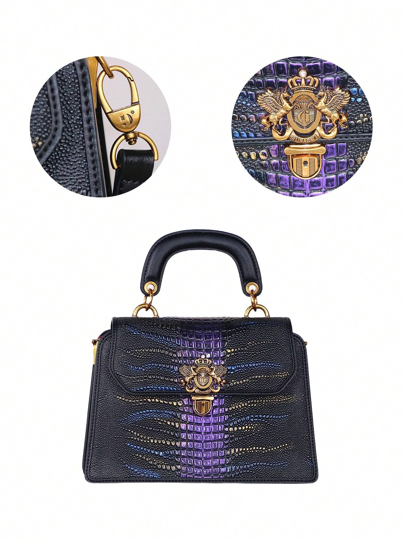 Luxury Custom 2025 New Vintage Women'S Handbag, Fashion Elaborate Luxurious Blue & Gold Snake Print Lock Ornament Tote Bag, Mature Style Shoulder & Crossbody Bag, Detachable Handle