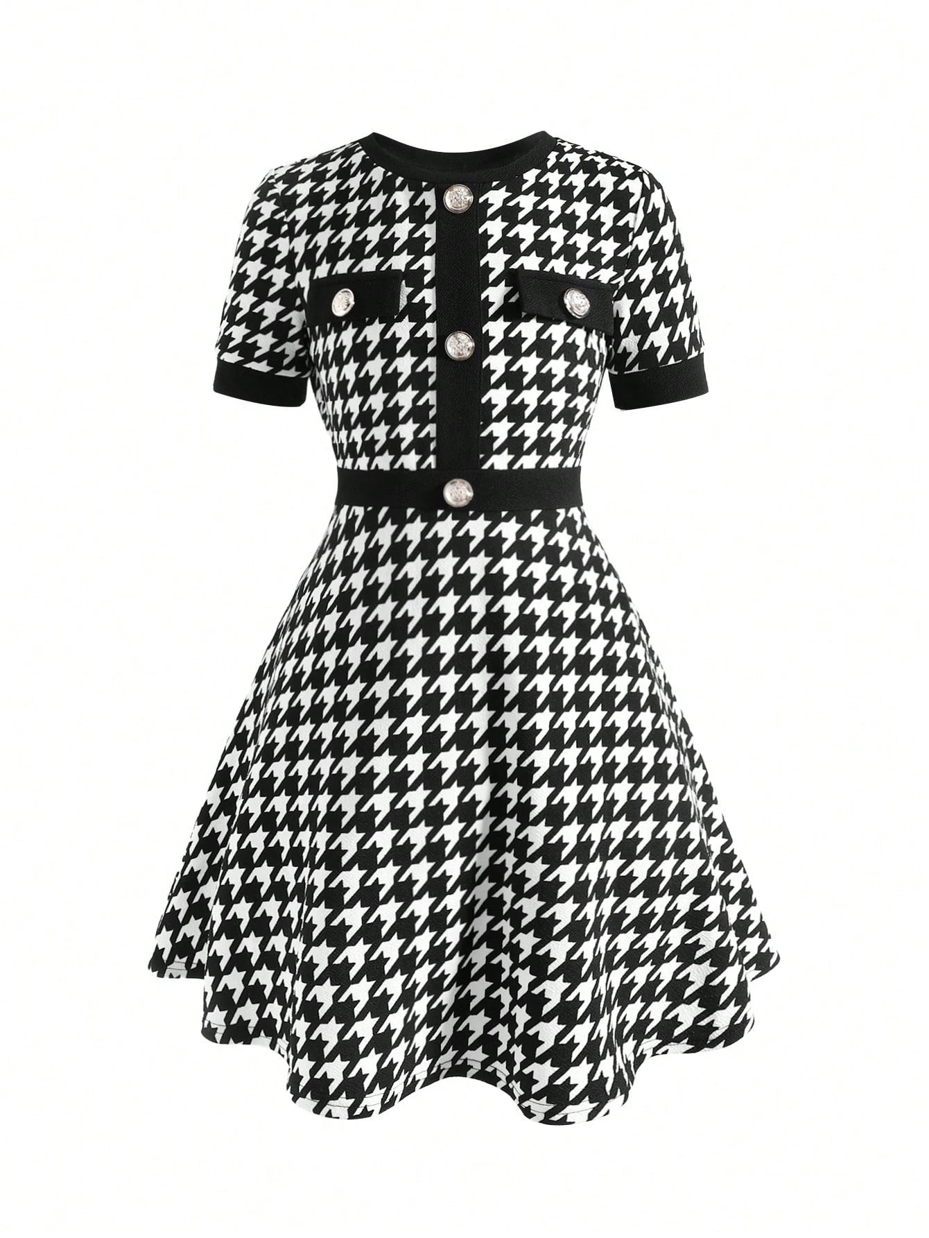 Tween Girls' Houndstooth Print Patchwork A-Line Dress with Button Detail, Elegant Schoolgirl Style for Back to School and Casual Wear