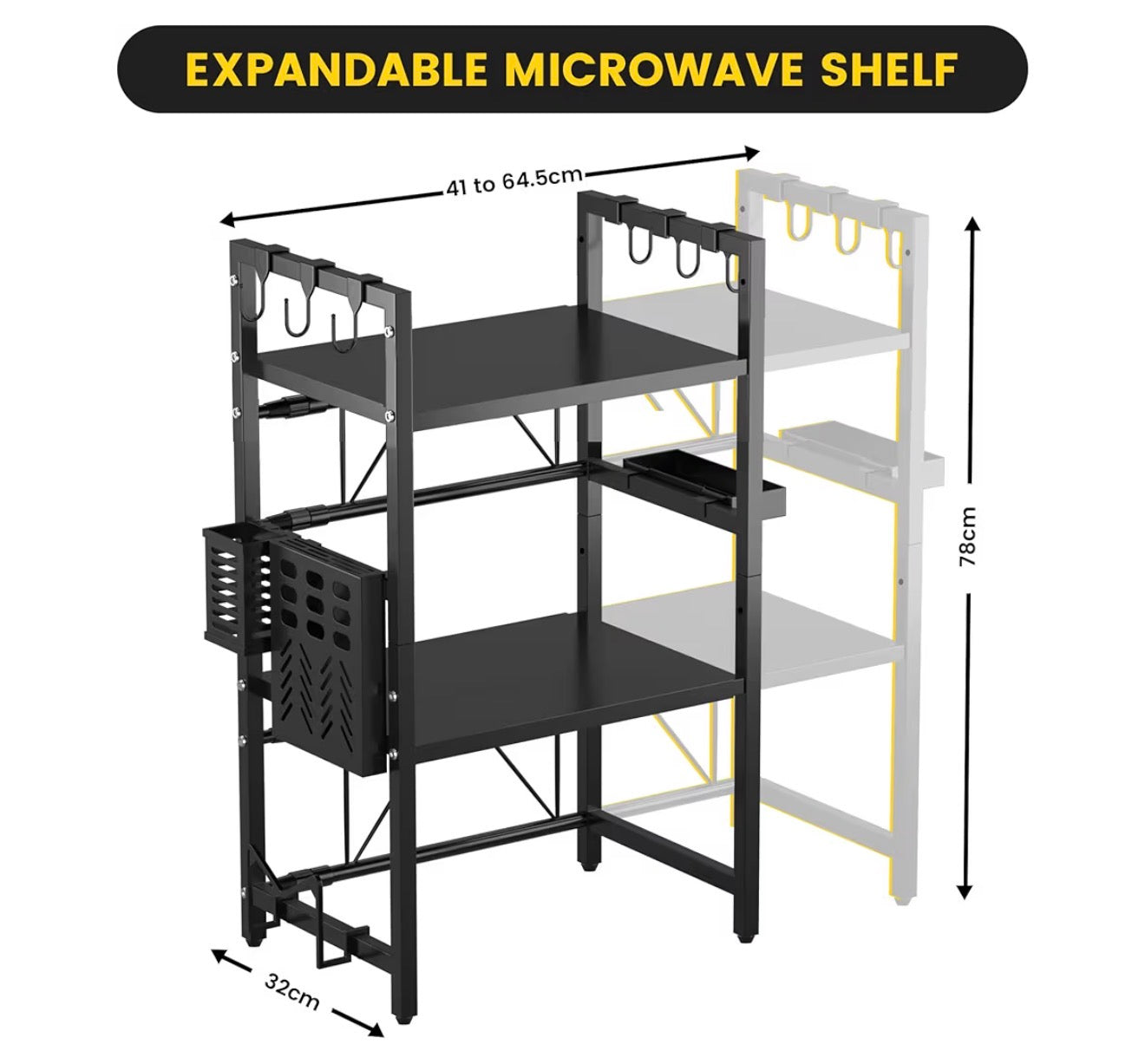 Expandable 3 Tier Microwave Shelf - 2 Shelves Microwave Stand For Kitchen Counter - Rack for Air fryer,Toaster and Coffee Machine - Kitchen Organiser Storage & Organisation