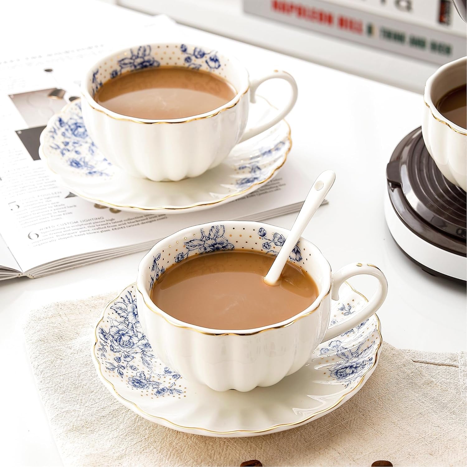 22Pcs Rose Porcelain Tea Set for Coffee,Tea Blue Porcelain Tea Cup Set