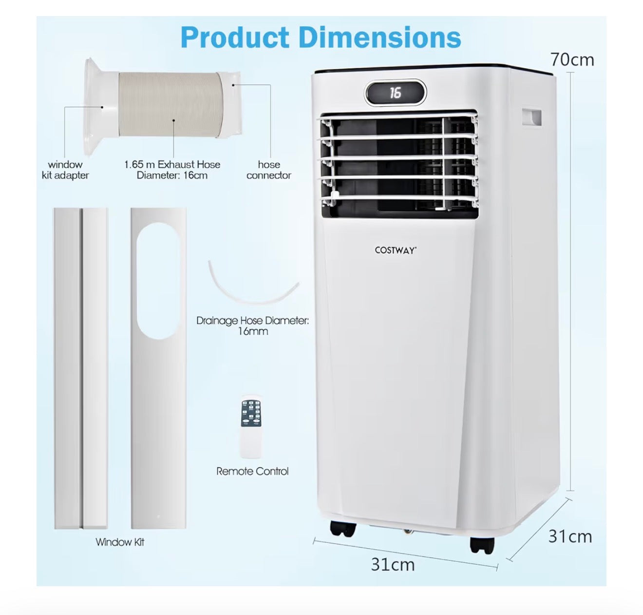 9000BTU Portable Air Conditioner, 4 in 1 Mobile Cooler, Dehumidifier, Fan with Sleep Mode, LED & Front Display, Remote Control, 2 Speeds, 24H Timer & Adapter