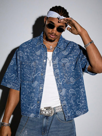 ROMWE MEN Grunge Punk Men'S Summer Vacation Paisley Print Patchwork Pocket Short Sleeve Denim Shirt