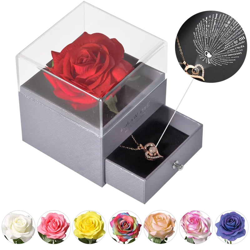 Eternal Rose Jewelry Box with 100 Languages "I Love You" Necklace – The Ultimate Romantic Gift!