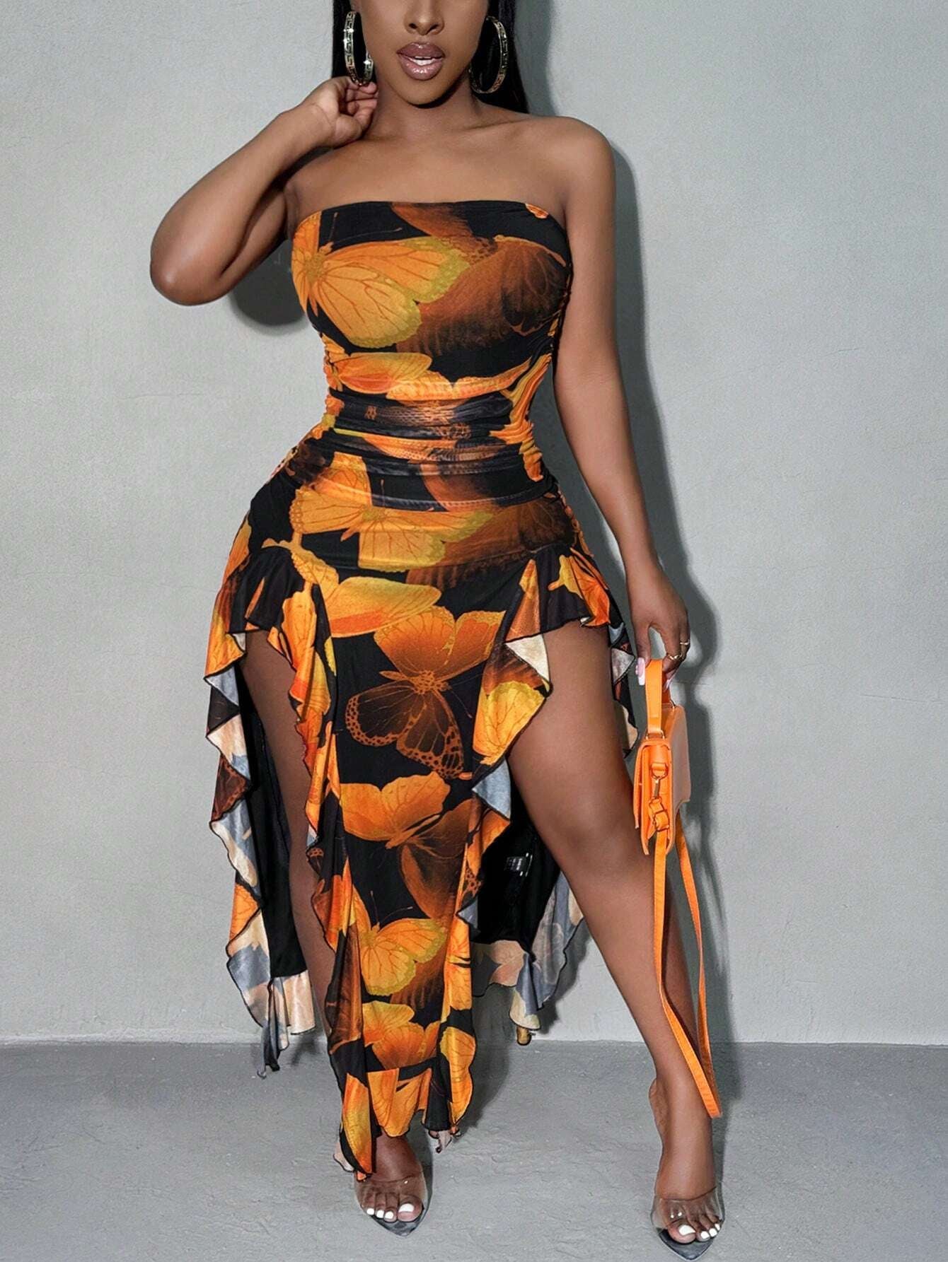 SXY Summer Butterfly Print Flared High-Low Bandeau Bodycon Dress