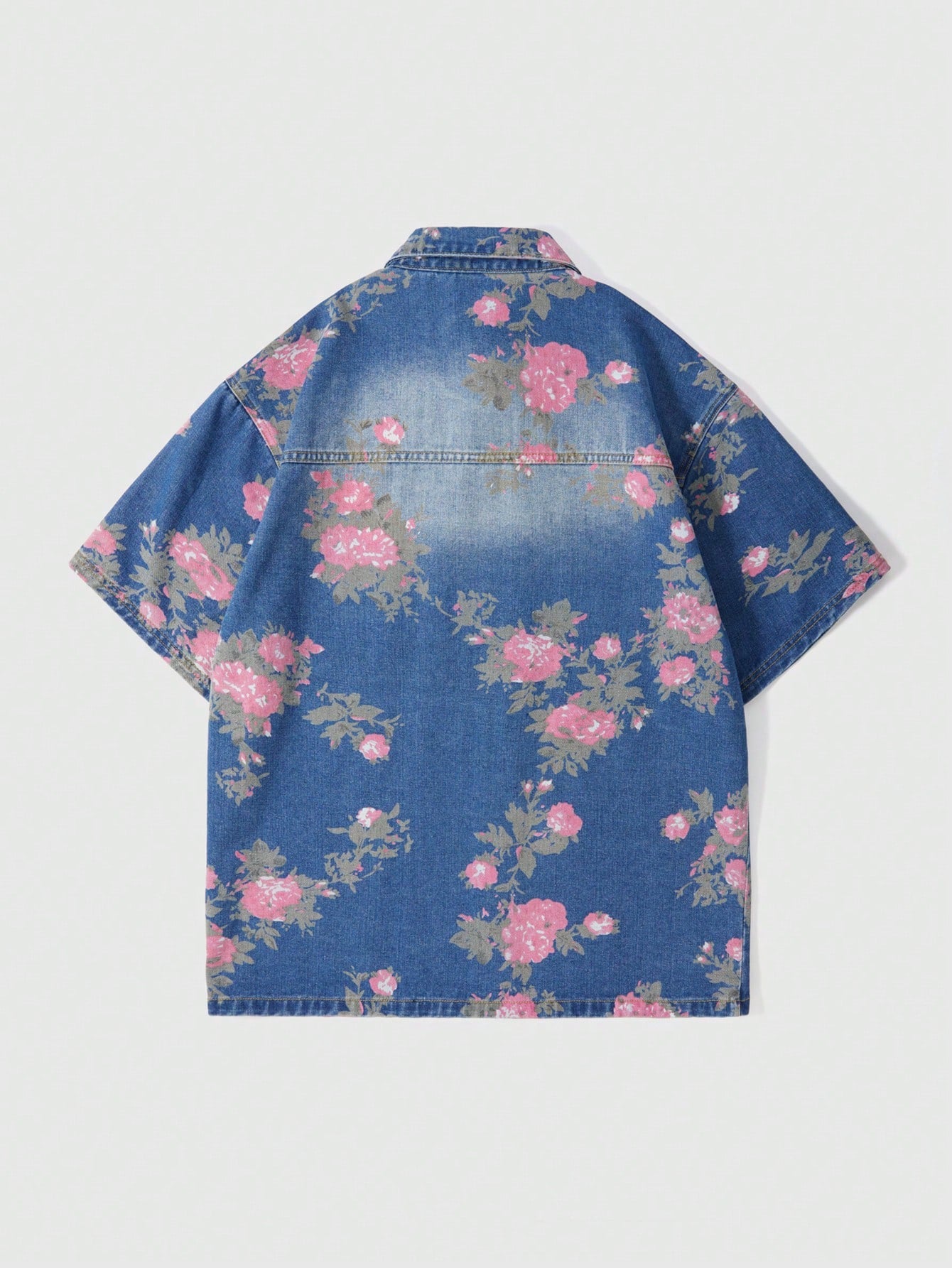 ROMWE MEN Men'S Floral Print Short Sleeve Single-Breasted Pocket Loose Casual Denim Jacket, Vacation