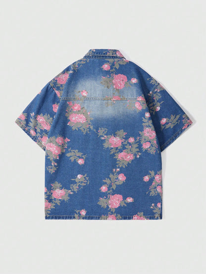 ROMWE MEN Men'S Floral Print Short Sleeve Single-Breasted Pocket Loose Casual Denim Jacket, Vacation