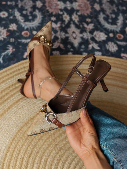 Women'S High Heeled Pointed Toe Shoes with Buckle, Retro Vintage Floral Embroidery and Back Straps