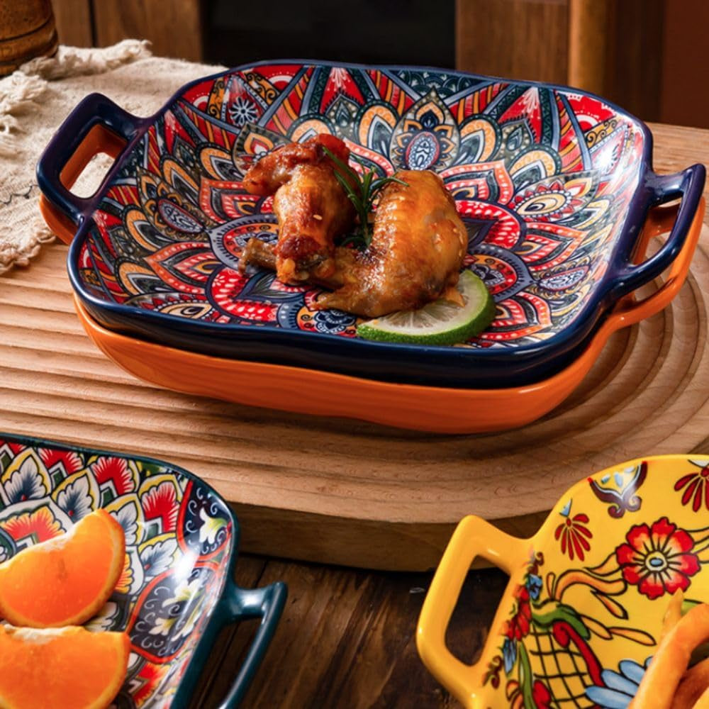 Ceramic Dinner Plate 9" - Porcelain Pasta Bowls,Handled Square Platter for Breakfast, Salads,Fruit,Cereal,Dessert,Bohemian Style(Style D)