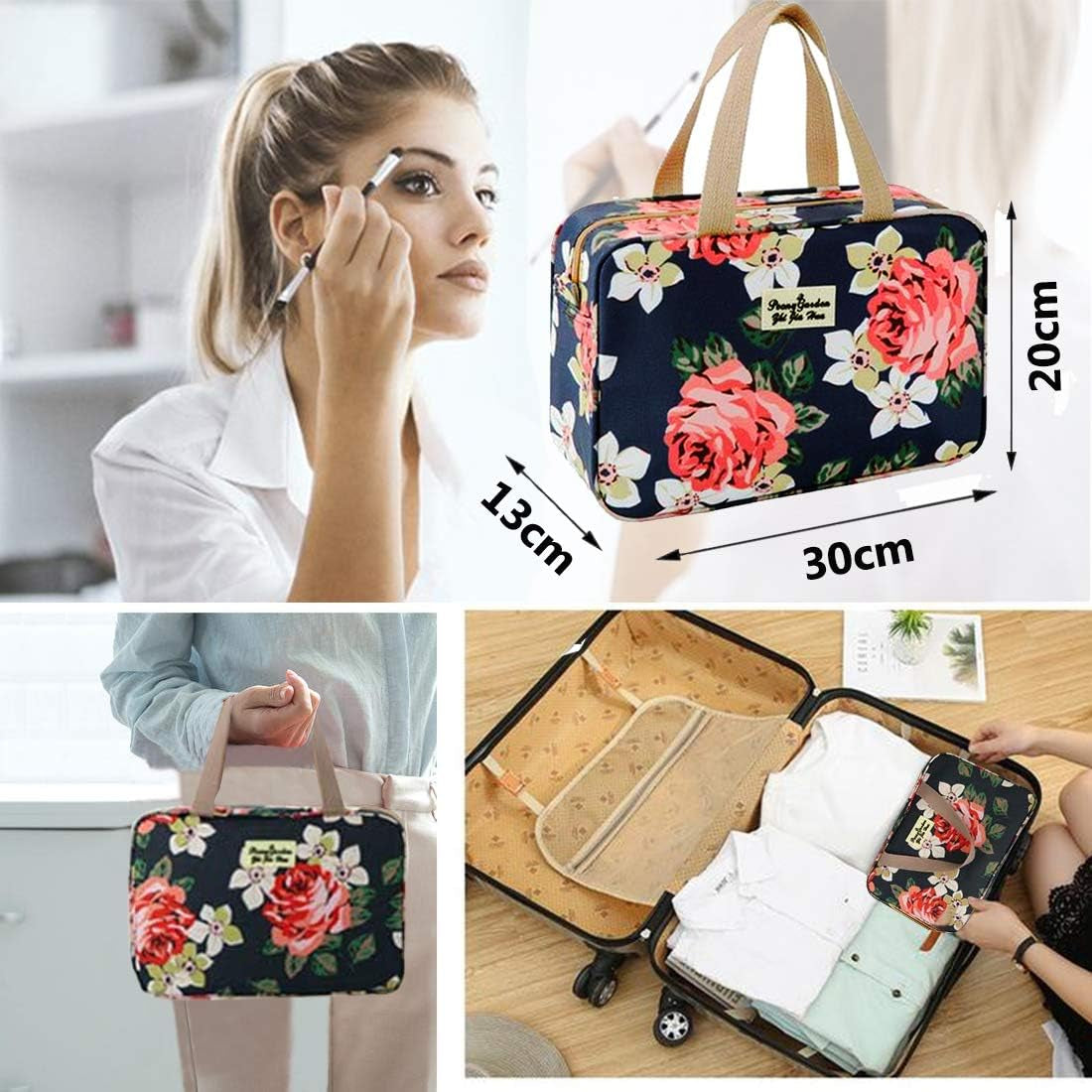 Toiletry Bag for Women Portable Cosmetic Bag Large Toiletries Organizer Storage Bag Navy Rose Toiletry Kit Leakproof Travel Make up Bag for Girls Floral Cosmetic Case (Navy Rose)