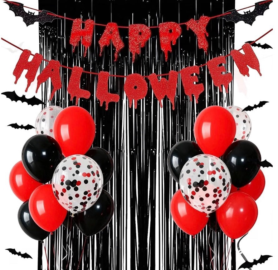 Halloween Party Decorations Set – Banner, Balloons & Black Fringe Backdrop | Minja Superstore