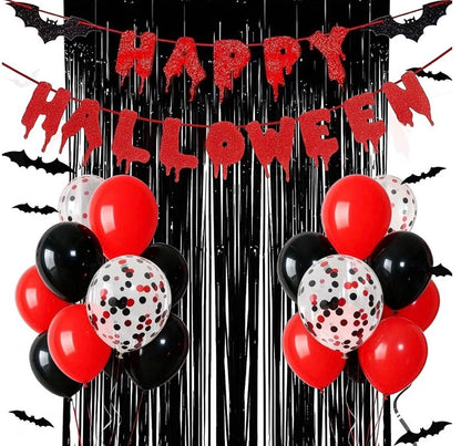 Halloween Party Decorations Set – Banner, Balloons & Black Fringe Backdrop | Minja Superstore