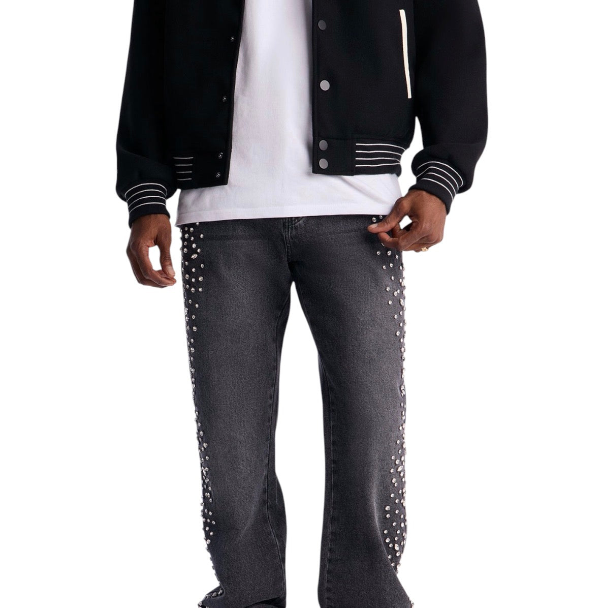 Stacked Slim Flare Another Level Jeweled Jeans Black Wash