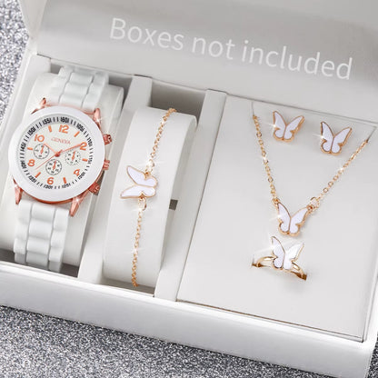 Women's Fashion Silicone Band Quartz Watch Set - 5/6 Piece Jewelry Collection (Without Box)