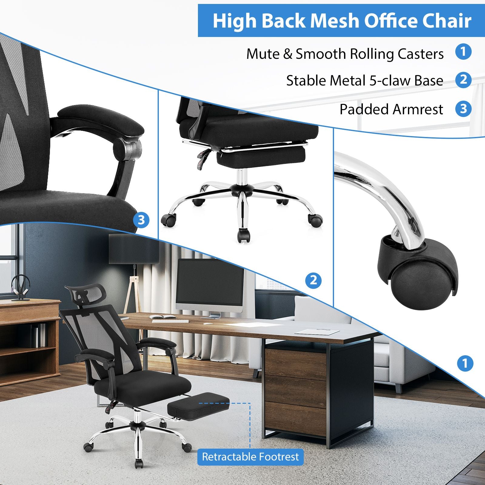 Ergonomic Mesh Office Chair with Adjustable Recline and Retractable Footrest