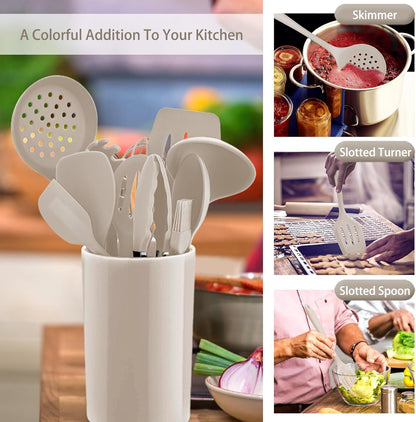 Kitchen Utensil Set,  12 Piece Cooking Utensils Set with Holder, Heat Resistant Kitchen Tools Include Spoons Turner Spatula for Non-Stick Cookware, Khaki