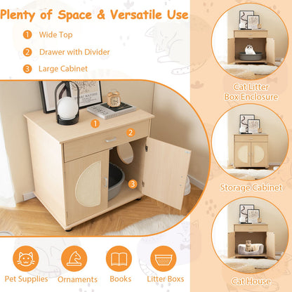 Cat Litter Box Enclosure with Sisal Scratching Doors and Integrated Storage Drawer